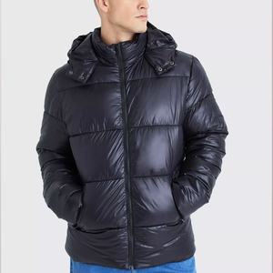 Men's Black Thick Eco-Friendly Puffer Jacket Winter Cotton Filled Windproof Casual Stand Collar <b>Covered</b> <b>Button</b> Front Patchwork - Product Image 1