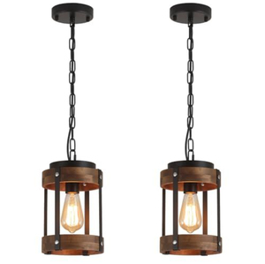 Lustre suspendu style farmhouse, finition rustique noir et bois miel, luminaire de plafond en forme de tambour pour cuisine et salle à manger, au meilleur prix - Product Image 2