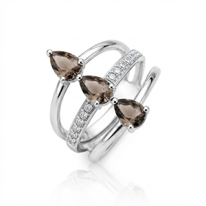 Women's Classy Romantic Design Rhodium Plated Smoky Quartz <b>CZ</b> Three Stone Gemstone <b>Ring</b> Prong Set Silver Band Wedding Party - Product Image 3