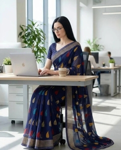 Sari de Georgette KV con Adornos, Rayas y Estampado Floral para Uso Diario - Product Image 2