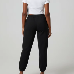 Pantalon de jogging en molleton noir pour femme avec taille élastique et cordon de serrage, coupe décontractée, vêtement de détente confortable - Product Image 2