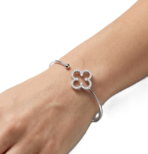 Fine 10K 14K 18K Solid Gold Round Lab Grown Diamond <b>Clover</b> Bangle Thin Floral Charm Dainty Stacking Quatrefoil Adjustable Bangle - Product Image 5