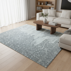 Hand Knotted Modern Blue Silk Wool Washable Area Rug Low Pile Luxury Distressed Abstract Damask Living <b>Room</b> <b>Carpet</b> - Product Image 1