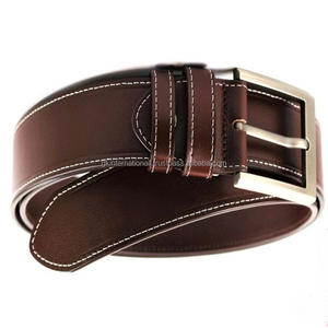 Ceinture décontractée en cuir marron véritable à coutures blanches fantaisie pour hommes avec boucle ardillon en alliage de zinc élégante et double gardien toutes tailles - Product Image 1
