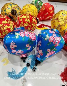 Hoi An Silk <b>Lanterns</b> Blue Pink Floral Print Decor For Chinese New Year Festival Indoor Outdoor Home Decoration - Product Image 6