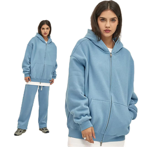 Conjunto de Sudadera con Capucha y Cremallera para Hombre, Color Verde Azulado, 100% Algodón, Forro Polar, Estilo Casual Hip Hop, Color Sólido, Ropa de Otoño - Product Image 6
