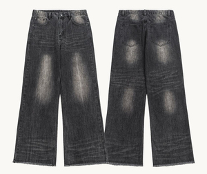 Jean en denim déchiré à taille haute et coupe large pour homme, coupe décontractée, 100 % coton, style décontracté automne - Product Image 1