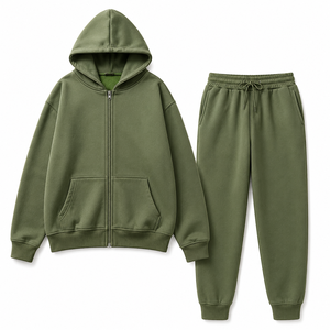 ชุดวอร์มมีฮู้ดสีเขียวมะกอกแบบ unisex แขนยาว ซิปด้านหน้า สีพื้น เสื้อสเวตเชิ้ตและกางเกงลำลองสำหรับผู้ใหญ่ ใส่ได้ในฤดูใบไม้ร่วง - Product Image 1