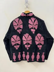 Veste courte en velours noir brodée unisexe, style bohème, pour l'automne et l'hiver, élégante, réversible, doublure en coton, ouverture devant, col mandarin - Product Image 3