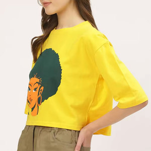 INDEX APPAREL Women's Yellow Crop <b>Top</b> Crew Neck Three Quarter Sleeve Character Print Casual Spring Summer Wear - Product Image 2