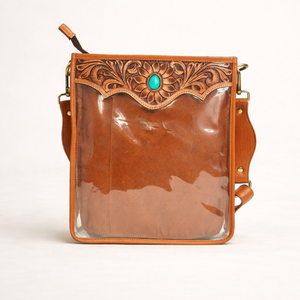 Bolso bandolera transparente para estadio con solapa floral de cuero repujado |   Bolso Transparente Estilo Western Turquesa para Conciertos |   Bolso Tote con Correa para el Hombro para Mujer - Product Image 1