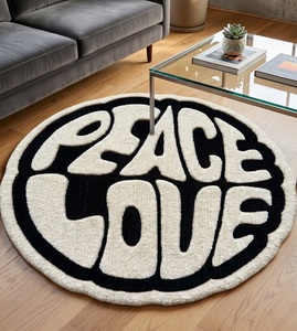Tapis d'appoint décoratif moderne en laine tuftée à la main, antidérapant, à poils moyens, motif géométrique, noir et blanc, design classique, qualité supérieure, Paix et Amour - Product Image 1