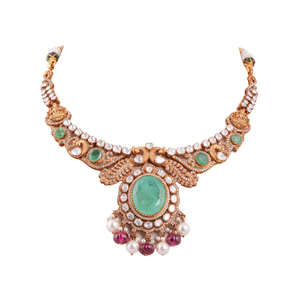 Ensemble de bijoux de mariée traditionnels Polki Diamond Emerald pour femmes en argent 925, saphir rose, style Regal Gulabi Bagh Gajaah - Product Image 1