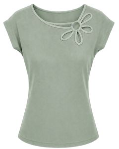 Customized Light Green Women Casual Summer Blouse Elegant Flower Neck Design Short Sleeve Loose Fit Fashion Daily Wear <b>Top</b> Shirt - Product Image 2