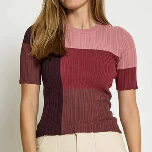 Débardeur Femme Respirant Écologique en Soie/Coton à Blocs de Couleurs, Haut Ajusté à Manches Courtes en Maille Côtelée Personnalisée - Product Image 4