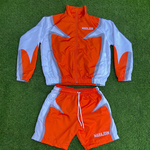 Custom Orange Windbreaker Jacket Shorts Set Men Sublimated Panels Tracksuit Lightweight Nylon High <b>Collar</b> Full Zip Jogger Suitss - Product Image 1