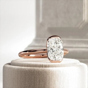 Trendy Design Cushion Color E Lab Grown Diamond Half Bezel <b>Ring</b> 14k Yellow Gold Low Set <b>Thin</b> Diamond Women's Engagement Wedding - Product Image 3