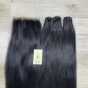 Extensiones de Cabello Natural Liso de Alta Calidad con Mechones de Cabello Negro Azabache, Cabello Virgen, Cierre de Encaje Suizo 5x5 HD - Product Image 4