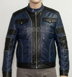 Blouson en cuir pour homme Street Wear Racer, design personnalisé, blouson bomber en cuir pour homme, bleu et blanc, style motard - Product Image 4