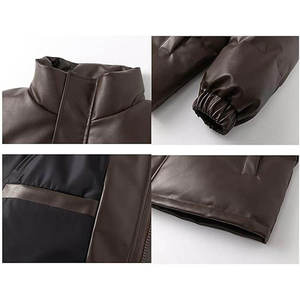 Men's Brown PU Puffer <b>Jacket</b> Stand Collar Zipper Closure Quilted Windproof Thick Winter Coat Casual Loose Fit - Product Image 5