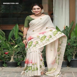 Conjunto de Saree y Blusa de Lino Suave de Alta Calidad con Estampado Digital de Flores y Motivos Tradicionales, Exportador de Moda Femenina - Product Image 1