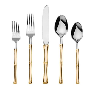 Juego de Cubiertos con Mango Estilo Bambú, Cubiertos de Acero Inoxidable Plateados y Dorados con Cuchillos, Tenedores y Cucharas para una Cena Elegante - Product Image 4