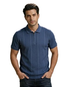 Men's Blue Yarn Dyed Knitted Heavyweight Short Sleeve for <b>Shirt</b> Regular Fit Casual Solid Color <b>Zip</b> Front Design - Product Image 1