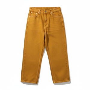 Pantalon en toile pour homme, taille haute, coupe droite, jaune moutarde, style décontracté, fermeture boutonnée, tissu en coton mi-lourd, idéal pour l'automne - Product Image 1