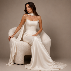 Vestido de Novia de Lujo en Satén, Estilo Moderno Vintage, Corte en A, Corsé, Cuello con Bufanda, Cordones, Largo hasta el Tobillo, Bordado, Personalizado OEM - Product Image 6