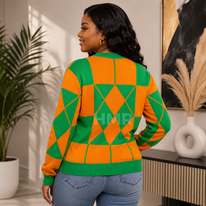 HMR Sisterhood Sorority Acrylic Green <b>Orange</b> Geometric Knitted <b>Cardigan</b> <b>Women</b> Long Sleeve Casual Crew Neck Button Front - Product Image 4