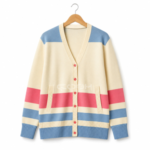 Cardigan en tricot pour femme Cosh International avec logo personnalisé, col en V, manches longues, rayures, blocs de couleur, haut décontracté avec poches - Product Image 3