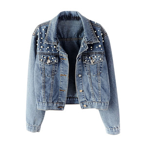 Best Quality Women's Jeans <b>Jacket</b> Gray Color Cotton Made Front Pocket Street Wear Full Sleeve Jeans <b>Jackets</b> With <b>Rhinestone</b> - Product Image 3