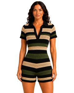 Combinaison en tricot rayée noire, verte et beige pour femme, manches courtes, col polo, été, décontractée, une pièce, coupe ajustée, design personnalisé - Product Image 1