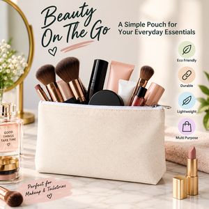 Bolsa de Maquillaje de Lona para Viaje, Organizador de Cosméticos, Tamaño Mediano, Cierre de Cremallera, Estilo Minimalista Portátil, Color Beige, Ecológico - Product Image 4
