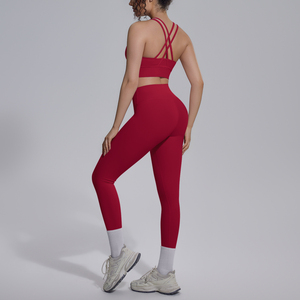 High Waisted Seamless Yoga Leggings Set Women Gym Workout Clothes Red Fitness Sports <b>Bra</b> And Tight Pants Breathable Yoga Outfit - Product Image 1