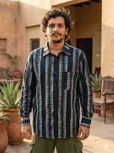 Artisan Crafted Indigo Dabu Hand-Block Printed Cotton Shirt for Men Traditional Geometric Motif Full-Sleeve Slim Fit Button-<b>Down</b> - Product Image 5