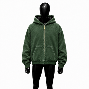 Sweat à capuche zippé vert délavé, style vintage, coupe oversize streetwear, effet délavé à l'acide, fermeture éclair intégrale, coupe décontractée unisexe - Product Image 1