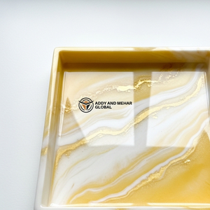 Luxury Yellow Marble Resin Tray – Handmade Square Decorative Serving Tray with Gold Veins | Modern Coffee <b>Table</b> & <b>Vanity</b> Tray - Product Image 2