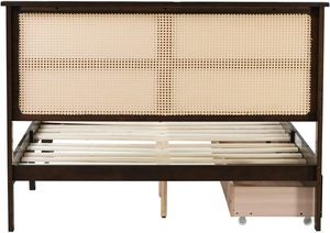 Tiroirs de rangement en rotin pour tête de lit à plateforme pleine grandeur en bois massif Espresso Support amélioré Pieds à lattes Aucun ressort de boîte requis - Product Image 2