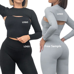 Ensemble de sport unisexe respirant et épais noir, comprenant un crop top sans manches sans couture à col ras du cou avec lettrage et un legging taille haute ajusté - Product Image 4