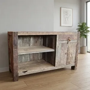 Mueble de TV Rústico de Madera Estilo Granja Antigua, Mueble de Almacenamiento con Estantes Abiertos, Mueble de Entretenimiento de Madera Envejecida para Sala de Estar - Product Image 4