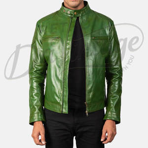 Chaqueta de Cuero Verde Esmeralda para Hombre, Corte Ajustado, Piel de Oveja Auténtica, Estilo Motero, Cuello Mao, para Otoño e Invierno - Product Image 6