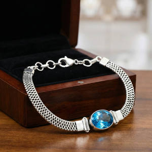 Bracelet chaîne bohème fait main en argent plaqué 925 pour femme, avec topaze bleue taille poire, ajustable, idéal pour les fêtes et les fiançailles - Product Image 3