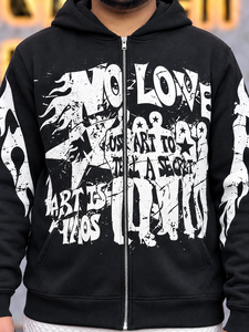 Men's <b>Black</b> <b>Zip</b>-<b>Up</b> <b>Hoodie</b> With Printed Front Graphic Sleeve Flame Print Full Front Zipper Spacious Pockets Streetwear Style - Product Image 5