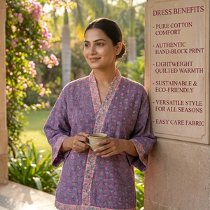 Robe courte kimono en coton violet, légère et matelassée, avec imprimé floral, poches avant et détails de bordure, idéale comme vêtement de nuit. - Product Image 4