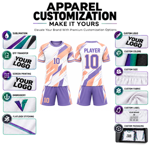Tenue de football personnalisée blanche, violette et orange à imprimé géométrique, sublimée, anti-humidité, manches courtes, coupe athlétique unisexe adulte - Product Image 5