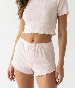 Conjunto de 2 Piezas para Mujer, Top Corto de Manga Corta y Pantalones Cortos Tejidos, Color Sólido, Transpirable, Estilo Casual de Primavera/Verano - Product Image 3