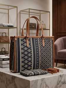 Women Bohemian Jacquard Tote Bag Set with Chains Anti-Theft Adjustable <b>Strap</b> Zipper Closure Large Capacity Travel Handbag - Product Image 3