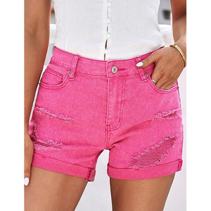 Shorts en jean à revers retroussés avec détails effet vieilli, délavage vintage, coupe décontractée, jambe large, shorts en jean déchirés - Product Image 2