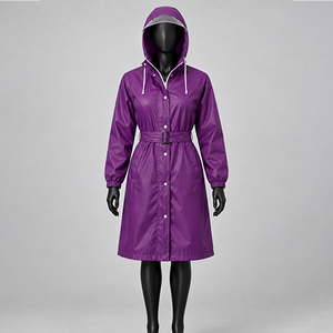 Manteau long décontracté pour femme, imperméable, en toile imprimée, écologique, violet, à capuche, avec ceinture, manches longues, couleur unie - Product Image 1